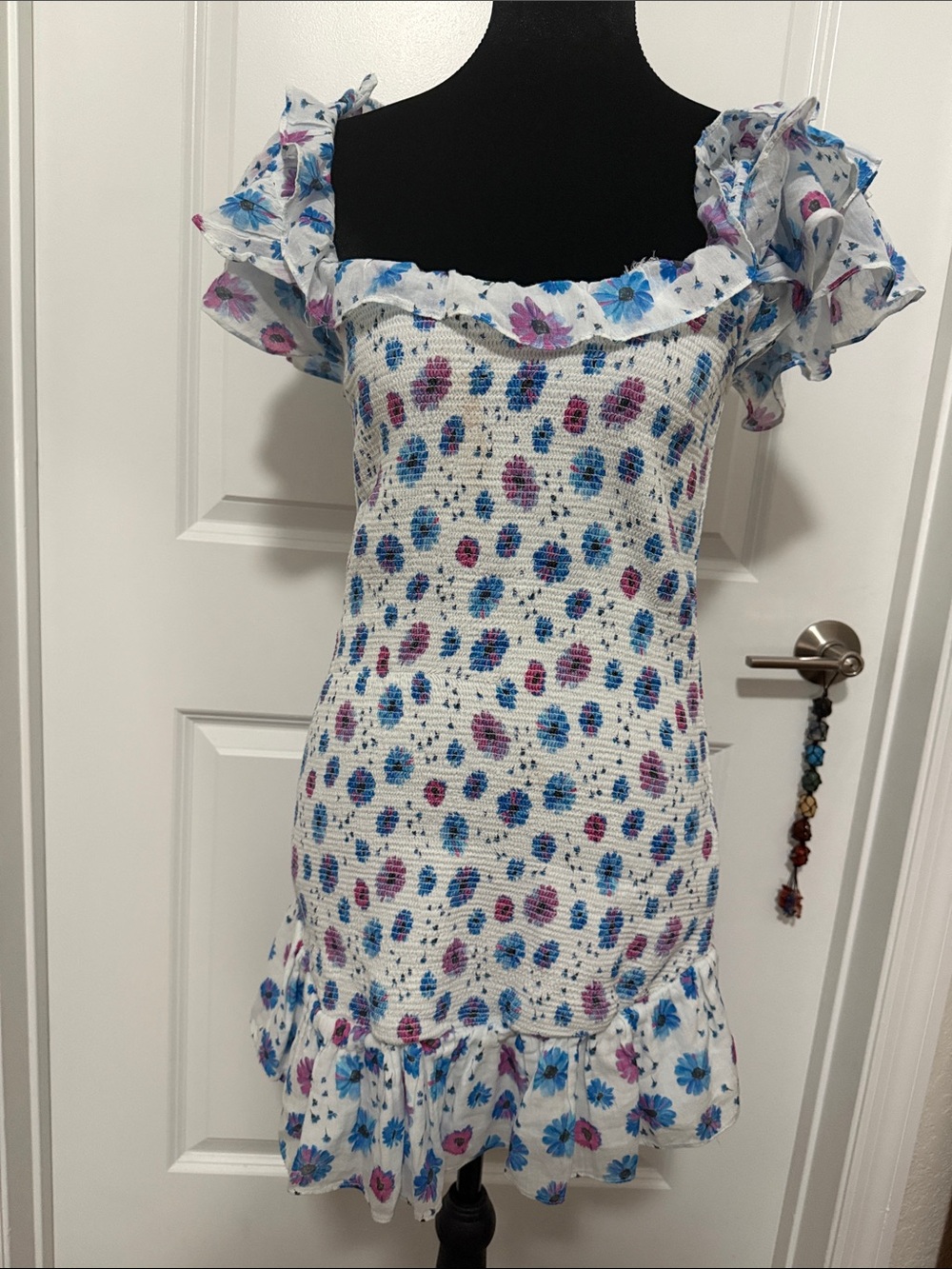 LoveShackFancy Kodie Blue Pink Floral Smocked Ruffle Mini Dress L